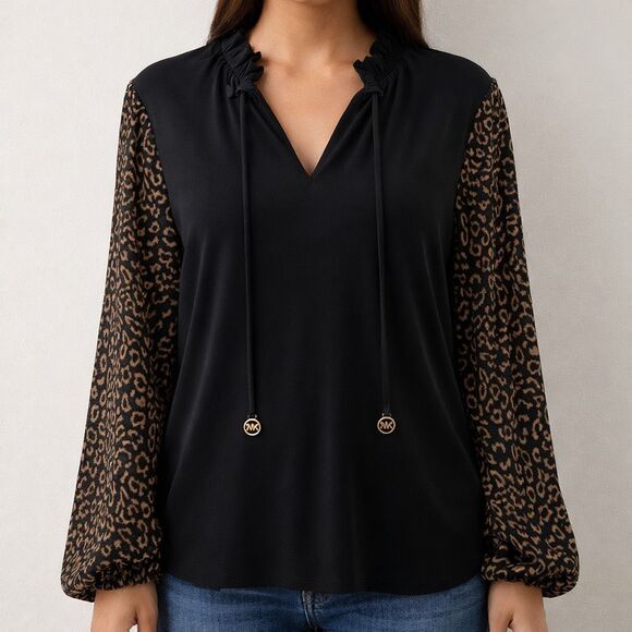 Michael Kors Tops - Michael Kors Ruffle Tie Neck Blouse Black Leopard Long Sleeve Large NEW